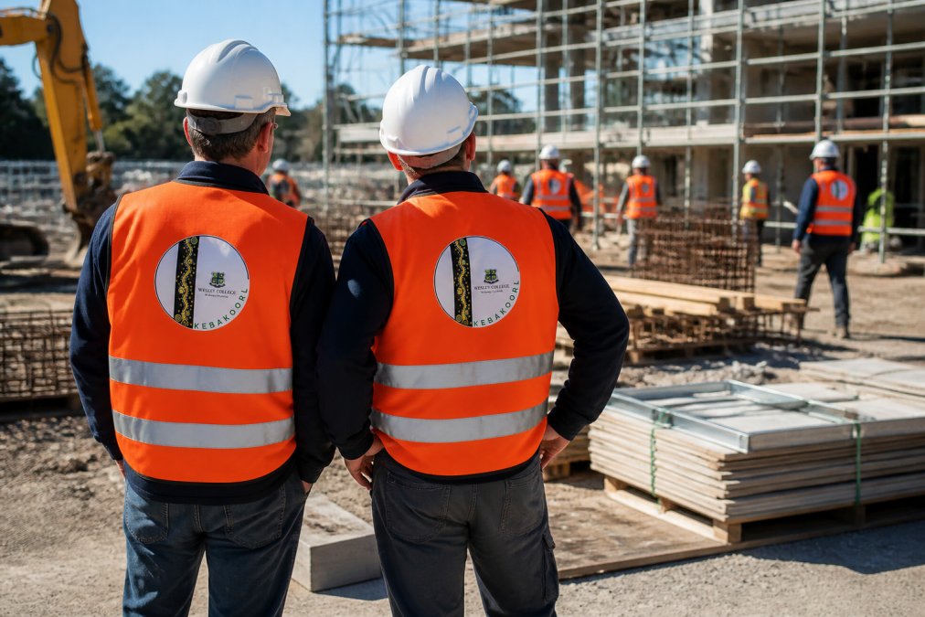 Team of workers in branded high-visibility uniforms on a busy job site, displaying professional logo placement and reflective tape under natural daylight