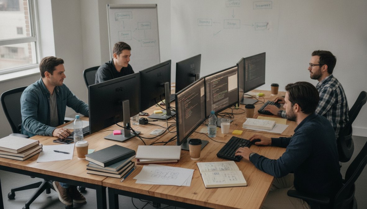 Team of developers and designers collaborating around a desk with wireframes, notebooks, and multiple monitors displaying design mockups and code