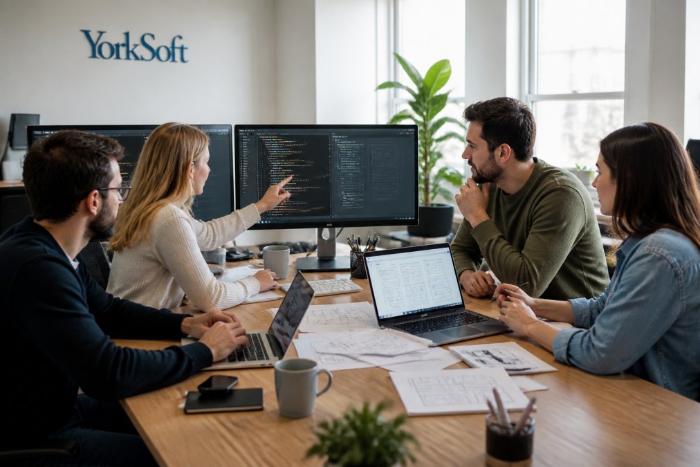 Professional development team collaborating at desks with multiple monitors displaying code, design mockups, and project management tools in a modern office with natural lighting