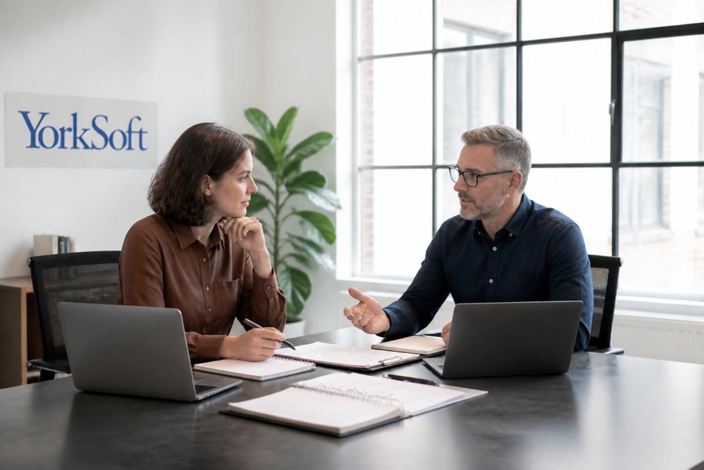 Project manager and client meeting at a table with laptops, notebooks, and project timeline documents, discussing milestones and deliverables in a bright, professional office setting