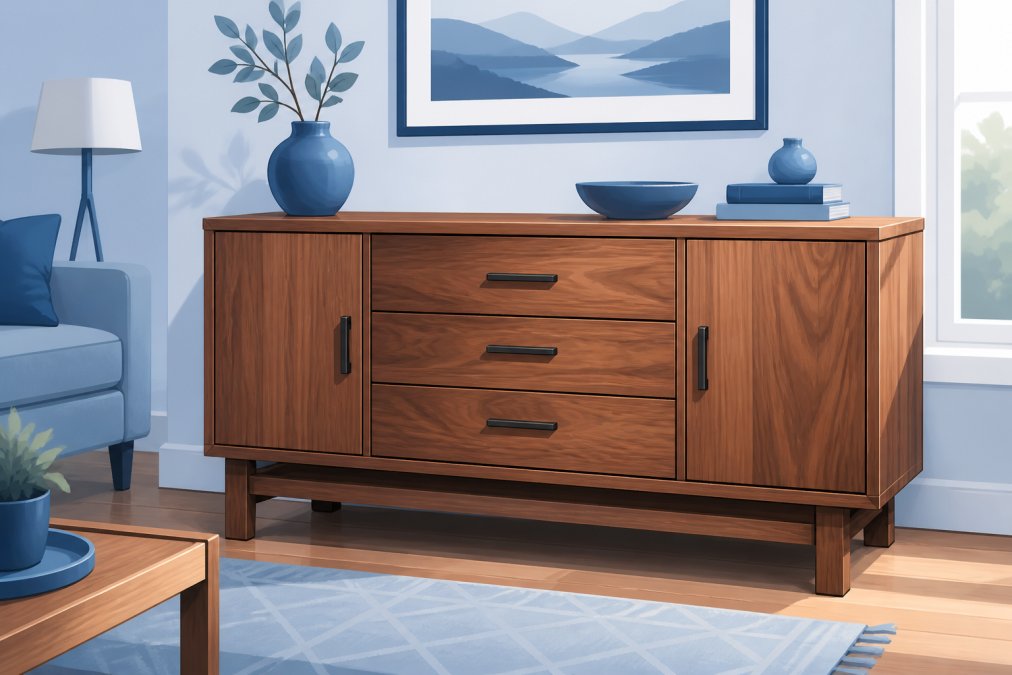 Finished wooden furniture piece displayed in a home setting showing the final result of a custom woodworking project with natural wood grain visible and warm natural lighting