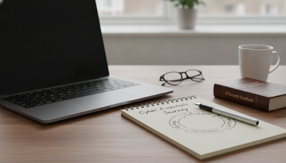 Business professional reviewing IT security documentation and compliance checklists on a desk with a laptop and notepad in natural office lighting
