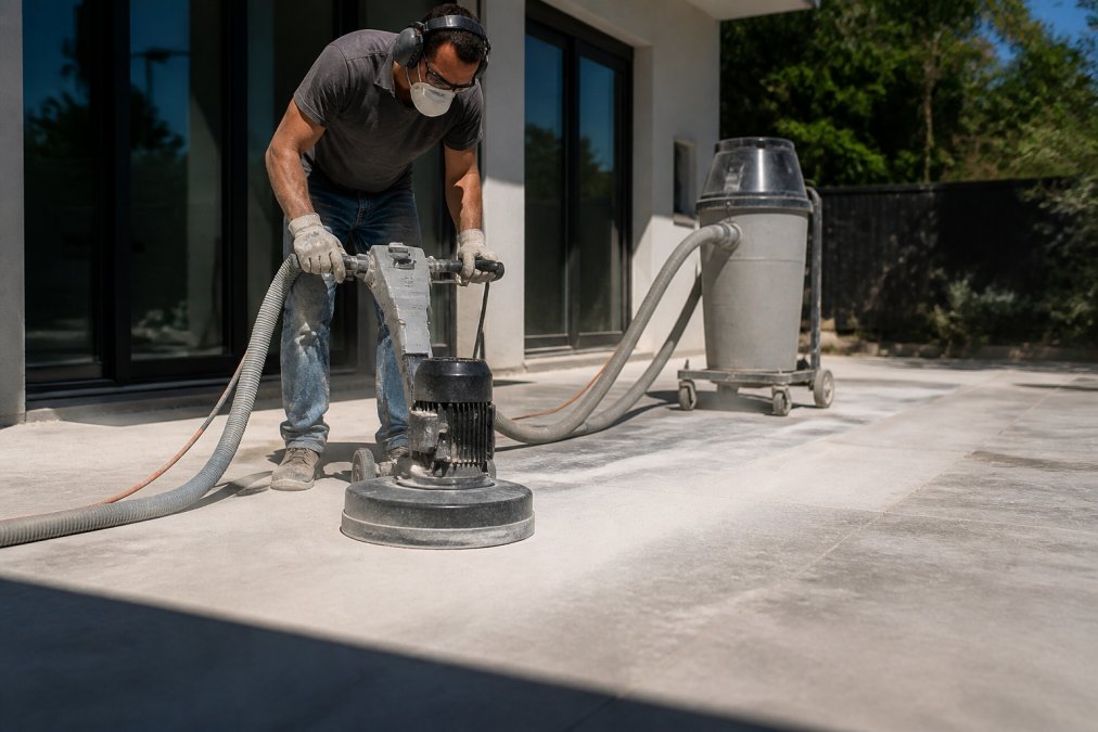 Professional concrete contractor using mechanical grinder on existing concrete surface with dust collection system, wearing safety equipment in bright outdoor setting