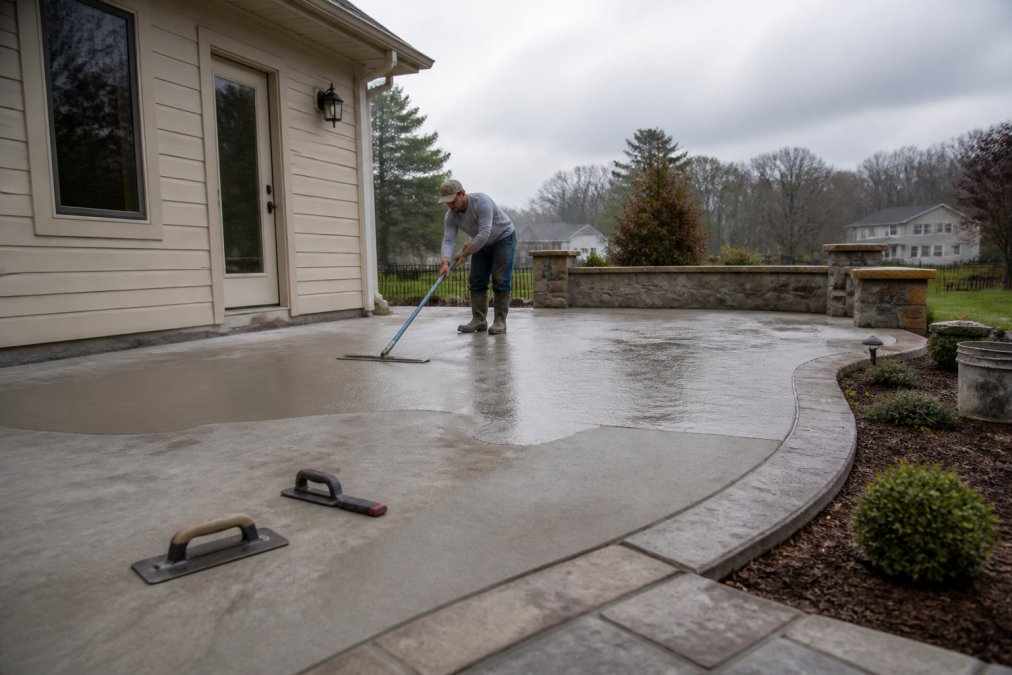 Outdoor residential patio under construction with decorative concrete overlay installation, showing weather conditions with overcast sky and morning moisture on surrounding surfaces