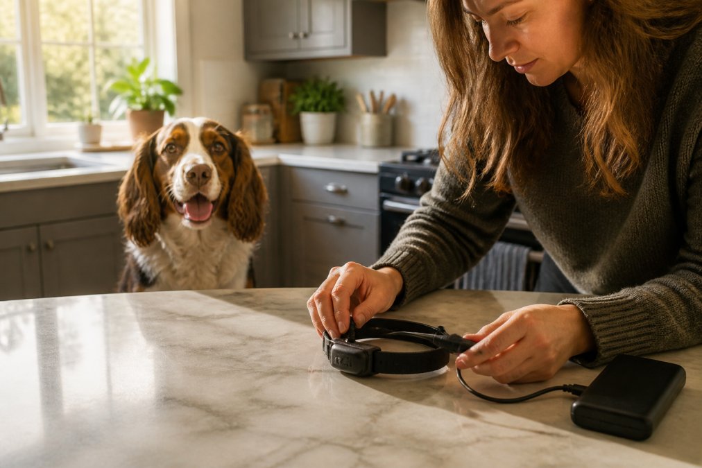 A dog owner plugging a small GPS tracker collar into a USB charging cable on a kitchen counter, with a happy spaniel sitting patiently nearby in warm morning light
