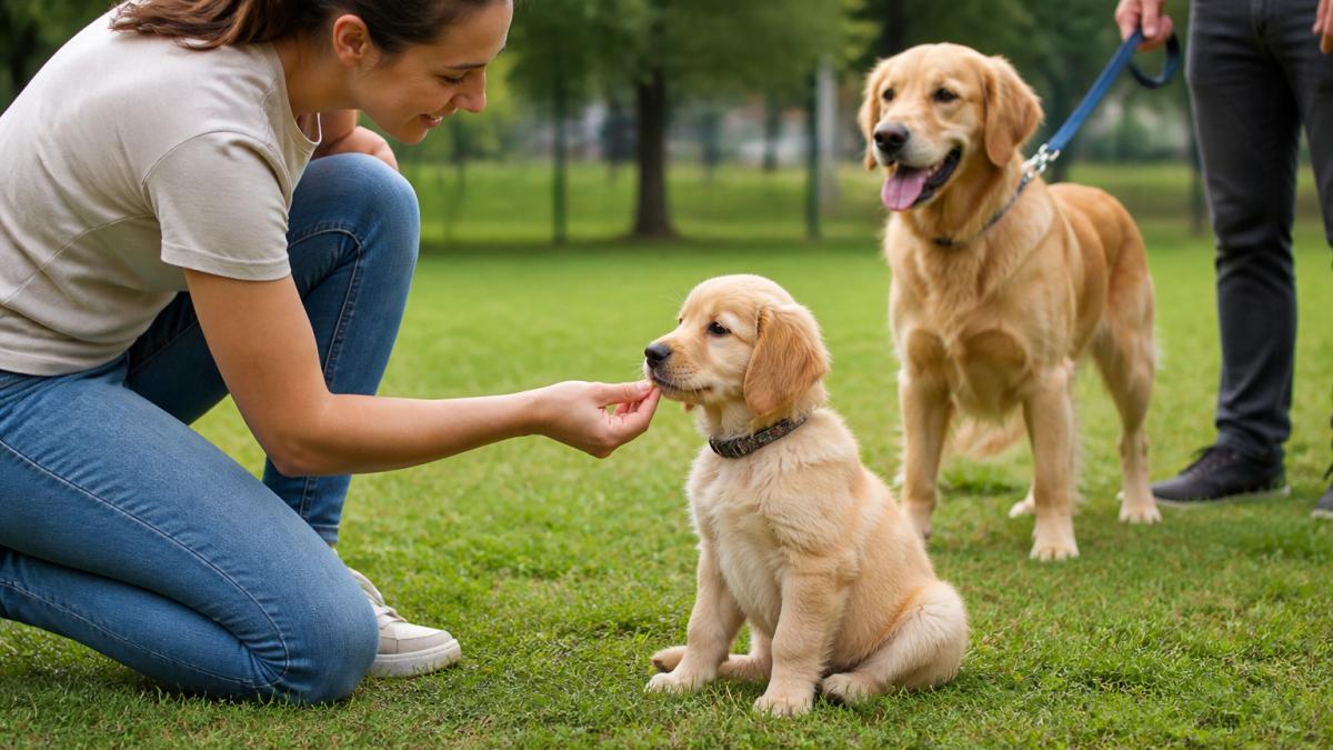 Infographic showing a low-pressure dog socialization process with a puppy receiving treats near an adult dog.