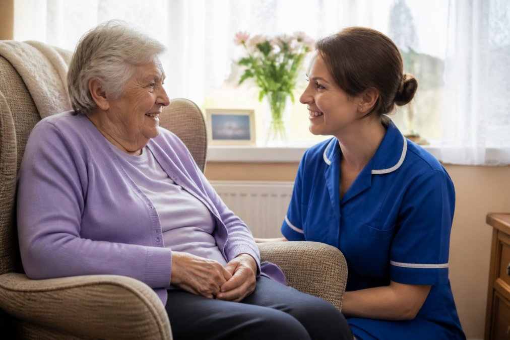 Care worker in uniform smiling with an elderly woman receiving domiciliary care in a bright living room.