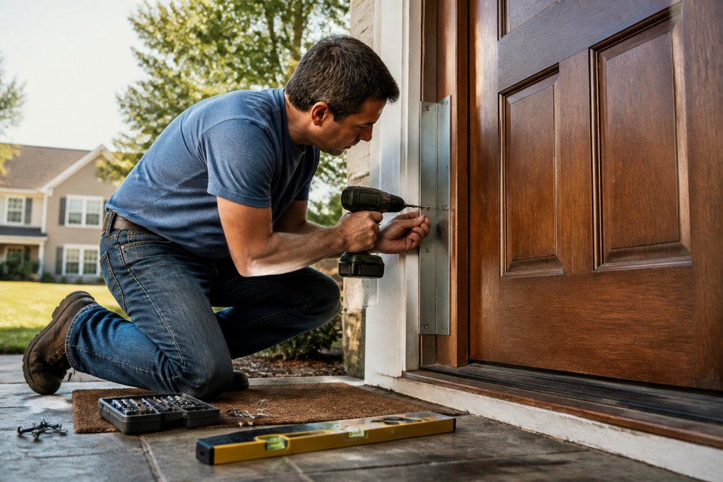A homeowner kneeling at a wooden front door frame, using a cordless power drill to drive a galvanized steel reinforcement plate into the jamb, with a level, screws, and drill bits scattered on the floor beside them in warm afternoon light