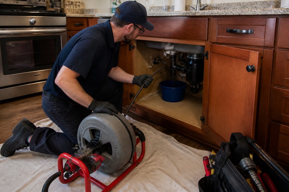 Professional plumber using a drain auger on a residential sink drain, with the technician visible from the side working at the sink with plumbing tools and equipment spread nearby on a drop cloth