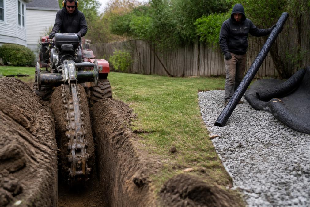 Professional worker operating a mechanical trencher in a residential backyard, creating a deep trench with exposed soil walls, while another worker positions perforated pipe and aggregate gravel alongside the trench