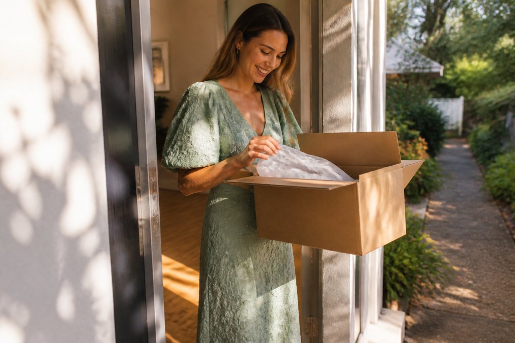 A woman in a stylish midi dress receiving a delivery box at her front door, smiling as she opens the package in morning sunlight