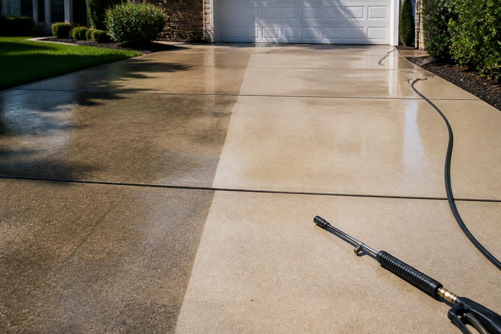 A clean, finished concrete driveway on a sunny day, with a professional pressure washing wand and hose set up at the edge, still slightly wet and showing a clear contrast between the clean surface and the untouched area