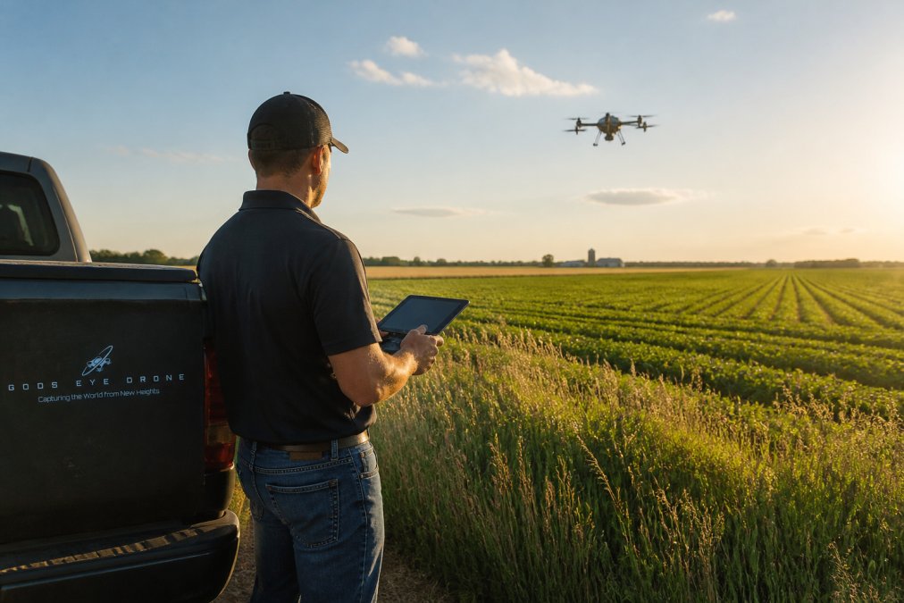 A certified drone pilot standing at the edge of a large open agricultural field, monitoring a tablet in both hands while a professional quadcopter hovers in the sky above the crops, late afternoon sunlight casting long shadows