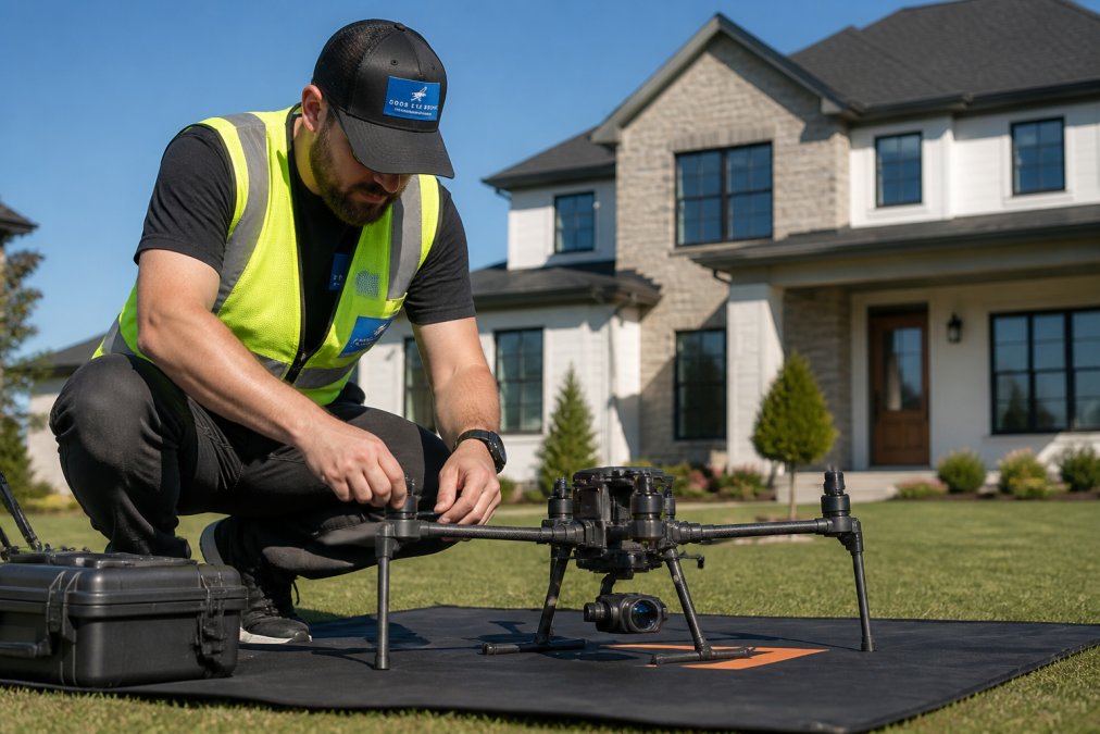 A certified drone pilot in a safety vest inspecting a professional drone on a launch pad before a real estate shoot, with a suburban house visible in the background under clear skies