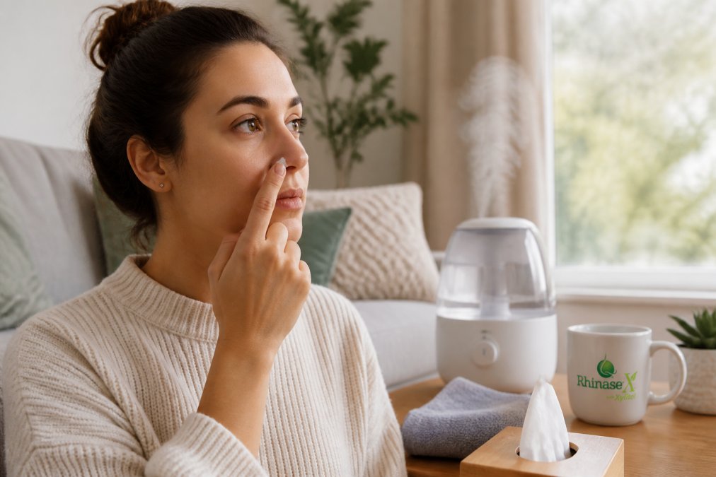 Woman applying a soothing gel as a dry nose treatment in a cozy room with a humidifier running nearby.
