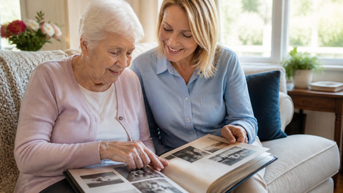Older adult and caregiver sitting together looking through a photo album in a bright, warm living room with natural sunlight streaming through windows
