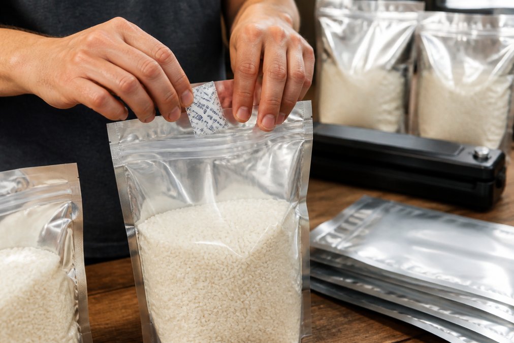 Close-up of hands carefully placing oxygen absorbers into a clear Mylar bag filled with white rice, with additional sealed Mylar bags and a heat sealer visible on a wooden work surface