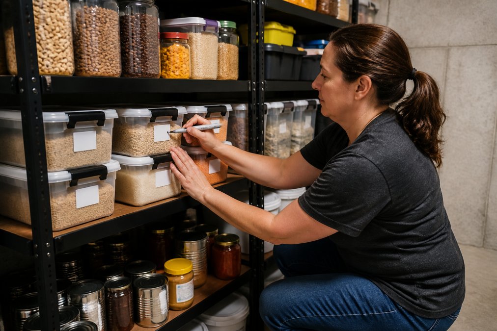Person organizing labeled emergency food containers on a basement shelf, writing dates on containers with a marker, demonstrating practical FIFO rotation system