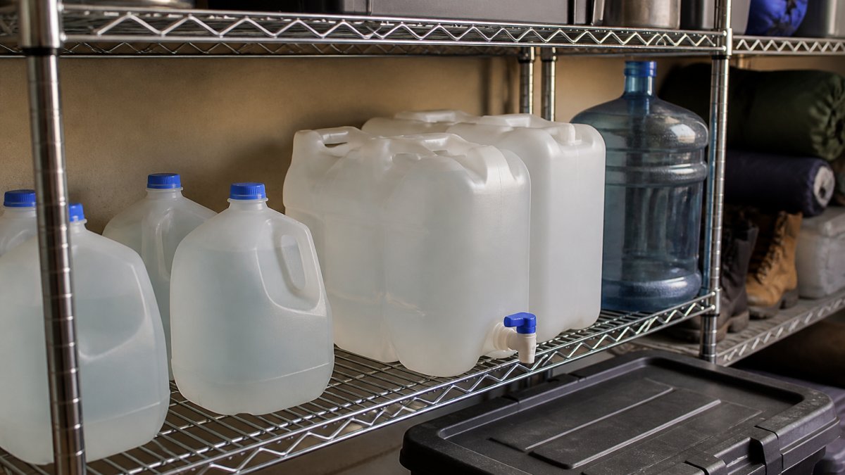 Infographic illustrating essential food-grade water containers with dated labels organized on a storage shelf