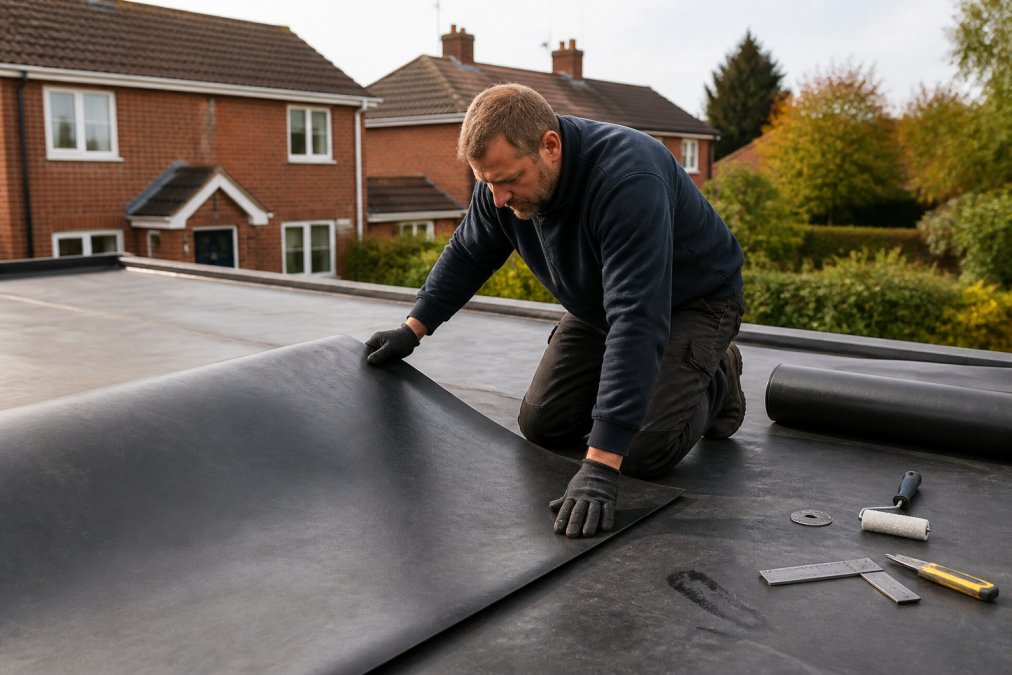 A roofing contractor in work clothing carefully smoothing a large dark EPDM rubber membrane sheet onto a flat roof deck on a residential property, working in daylight with tools visible on the roof surface