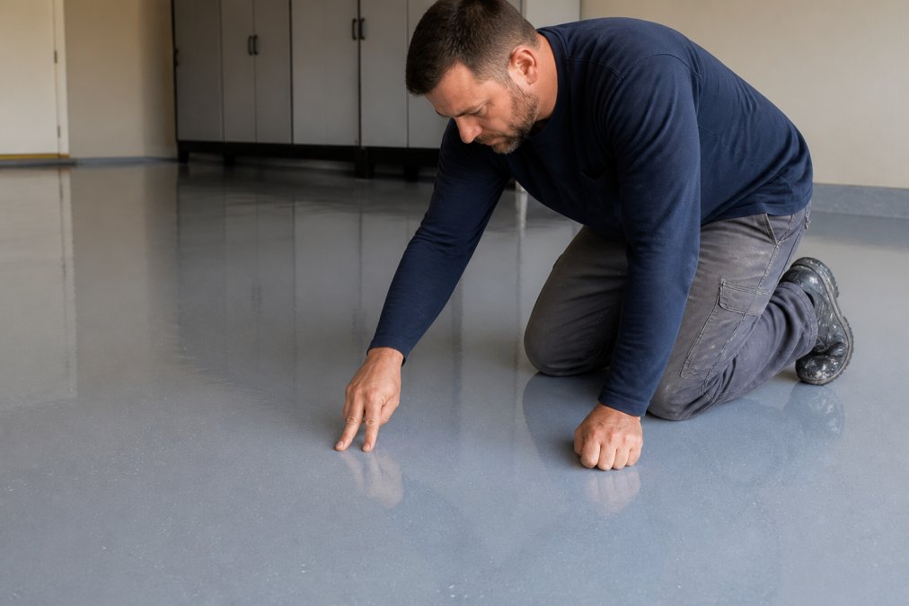 A professional applicator in work clothes performing a touch test on a freshly coated, glossy gray epoxy garage floor, checking if the surface is tack-free