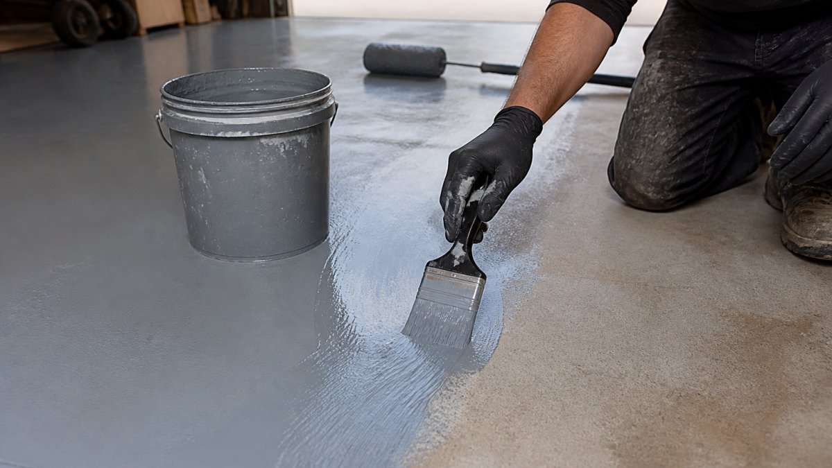 Gloved hand applying gray epoxy primer to a concrete floor to see how long does epoxy primer take to dry