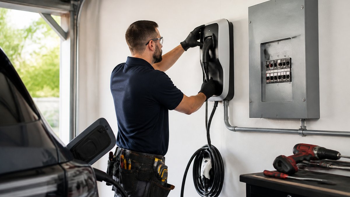 A licensed electrician in safety gear mounting a wall-mounted EV charger inside a residential garage, with tools and a switchboard visible nearby