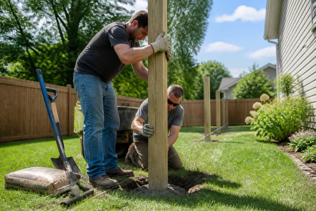 A professional installation crew in work gloves setting a wooden fence post into a prepared hole in a sunny residential backyard, with a bag of concrete mix and digging tools resting on the grass nearby