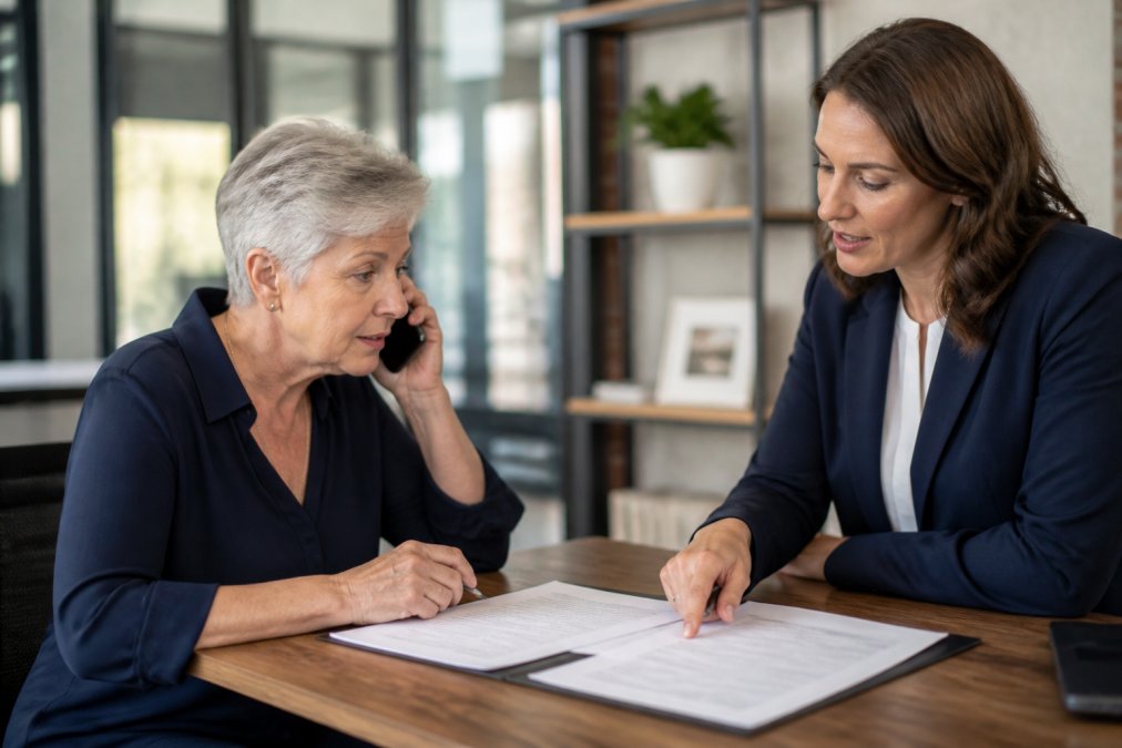 Beneficiary sitting at a desk with claim forms and a phone, speaking with an insurance agent about filing a final expense insurance claim in a modern office setting with natural lighting