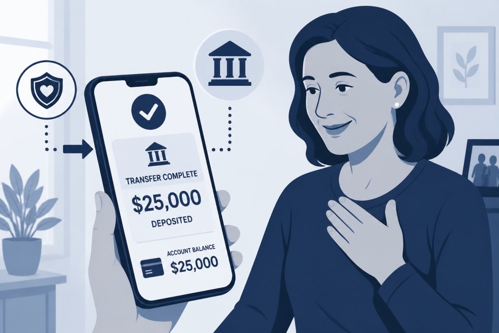 Close-up of a beneficiary viewing a bank transfer confirmation on a mobile device showing funds deposited into their account, with a relieved expression