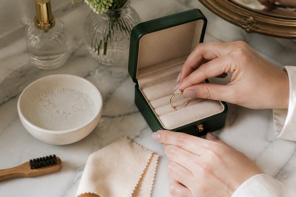 Hands gently placing a gold ring into a lined jewelry box on a marble vanity with cleaning supplies nearby