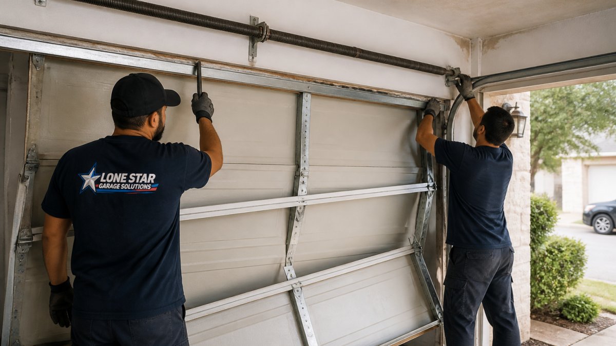 Professional garage door installation crew removing old door panels and hardware from residential garage opening, showing exposed tracks and springs in natural daylight
