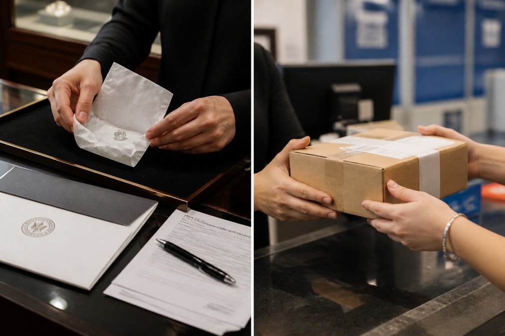 Hands carefully packaging a loose diamond for shipping to learn how long does GIA certification take.
