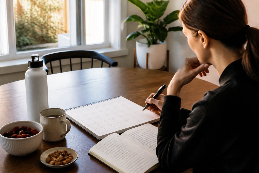 Person reviewing a weekly calendar and health journal with pen in hand, tracking progress notes on a desk with natural morning light streaming in