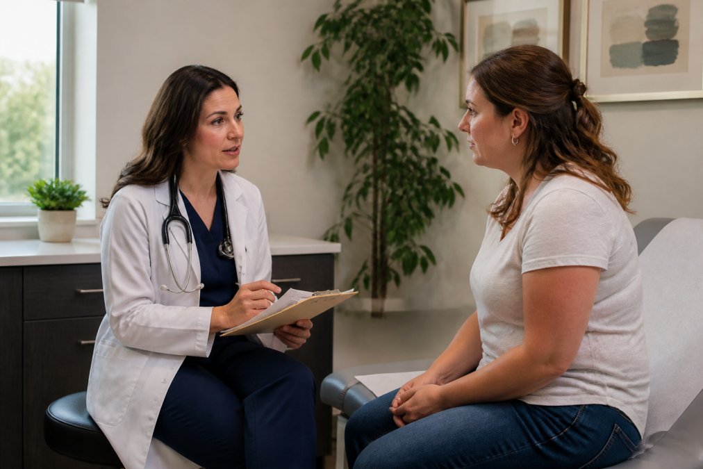 Healthcare provider in white coat consulting with patient in clinical exam room, reviewing medical history and treatment plan with natural window lighting