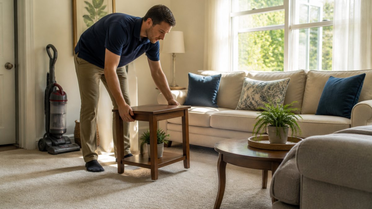 A homeowner in casual clothes lifting a small side table off a beige carpeted living room floor, with a vacuum leaning against the wall and open windows letting in afternoon light