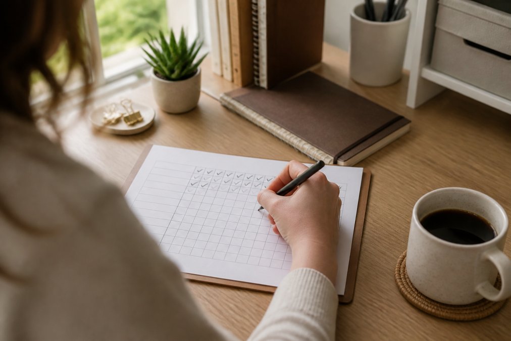Person at a tidy desk checking off a daily habit tracker to support habit formation with coffee nearby