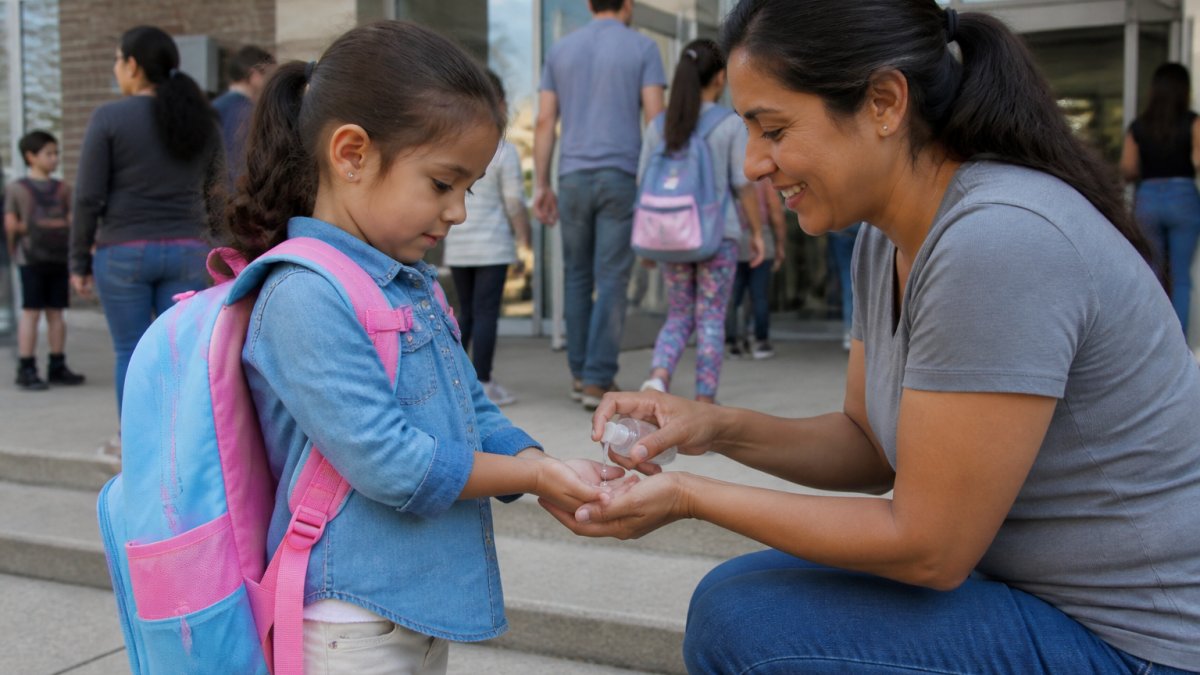 A parent at a school drop-off applying hand sanitizer to a young child's hands before they enter the building, with backpacks and other families visible in the background