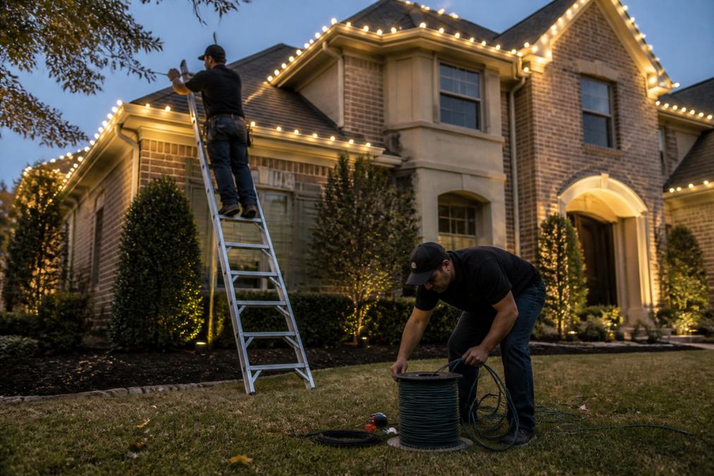 A two-person installation crew on a residential property at dusk, one on a ladder attaching warm white LED strands to the roofline with mounting clips while the other organizes extension cords on the lawn, a partially lit two-story house behind them