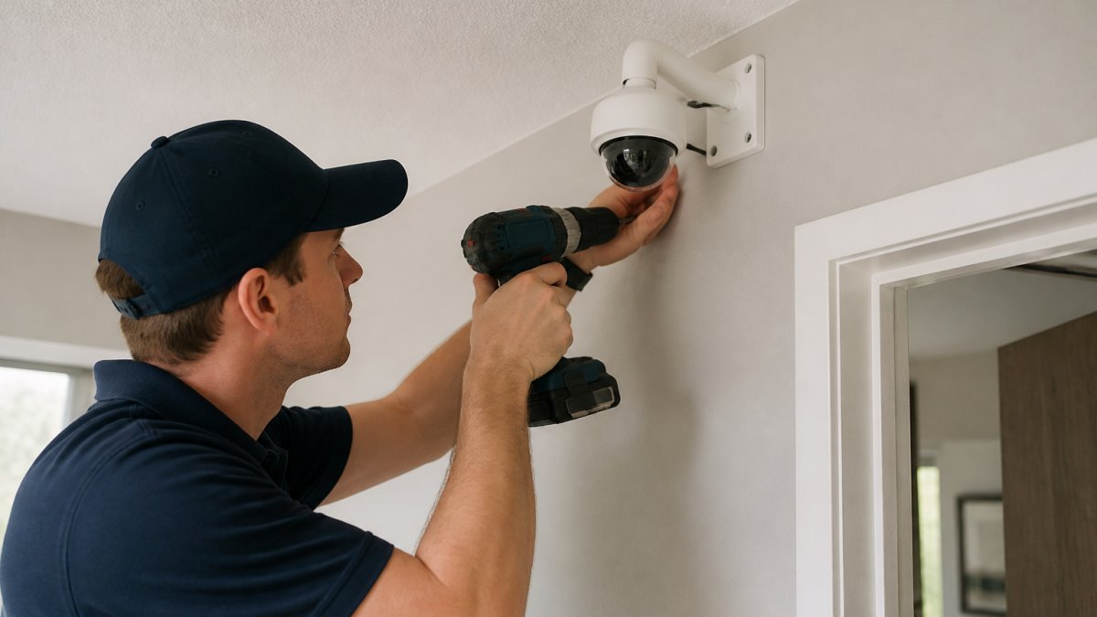 Professional technician installing a wall-mounted security camera with a power drill and mounting bracket visible, working at eye level in a residential home interior with neutral-colored walls