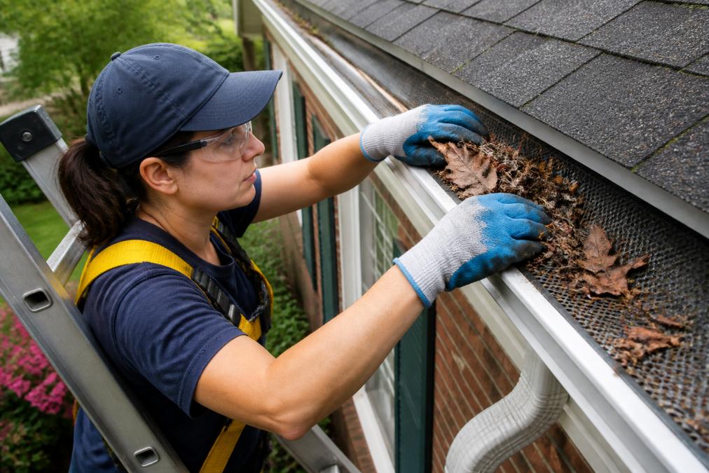 Homeowner in work gloves and safety gear cleaning debris from gutters while standing on ladder, with clear view of gutter guard system preventing leaves from entering downspout