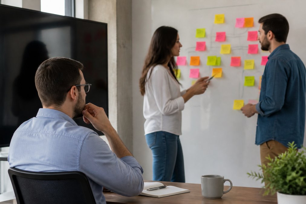 A project manager reviewing a Gantt chart on a large monitor while two colleagues discuss timelines at a whiteboard covered in sticky notes