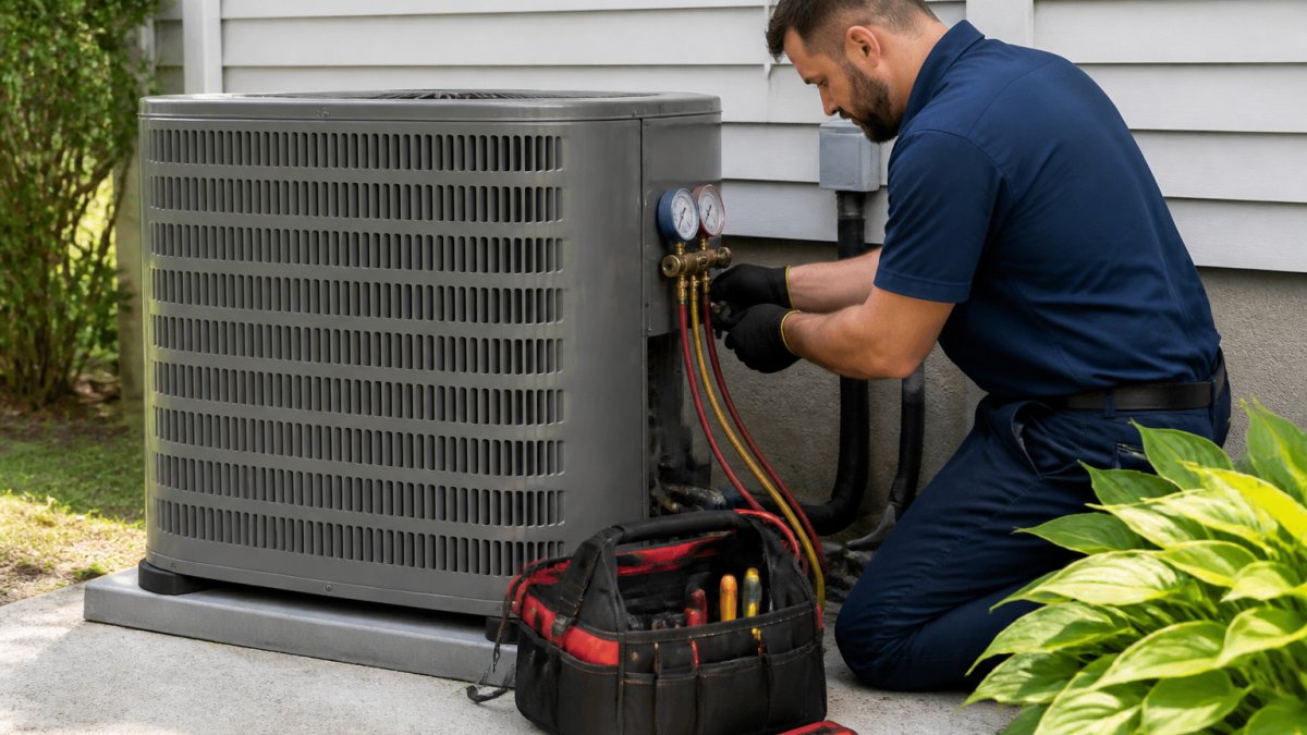 A professional HVAC technician in uniform working on a newly installed outdoor AC condenser unit beside a house, with tools and refrigerant lines visible, bright daylight