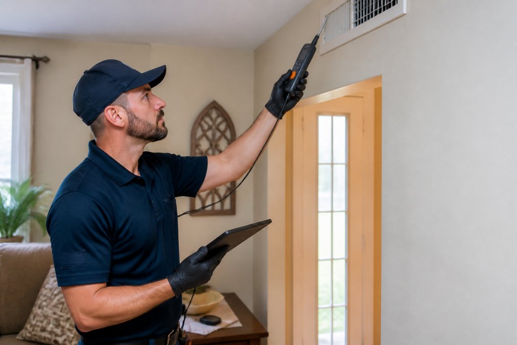 Certified HVAC technician with equipment conducting an indoor air quality assessment in a residential living room, holding testing equipment near an HVAC vent while documenting readings on a tablet
