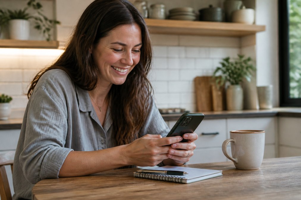 A woman sitting at a kitchen table with a smartphone in hand, smiling as she reviews her Instagram analytics, with a notebook and coffee cup nearby