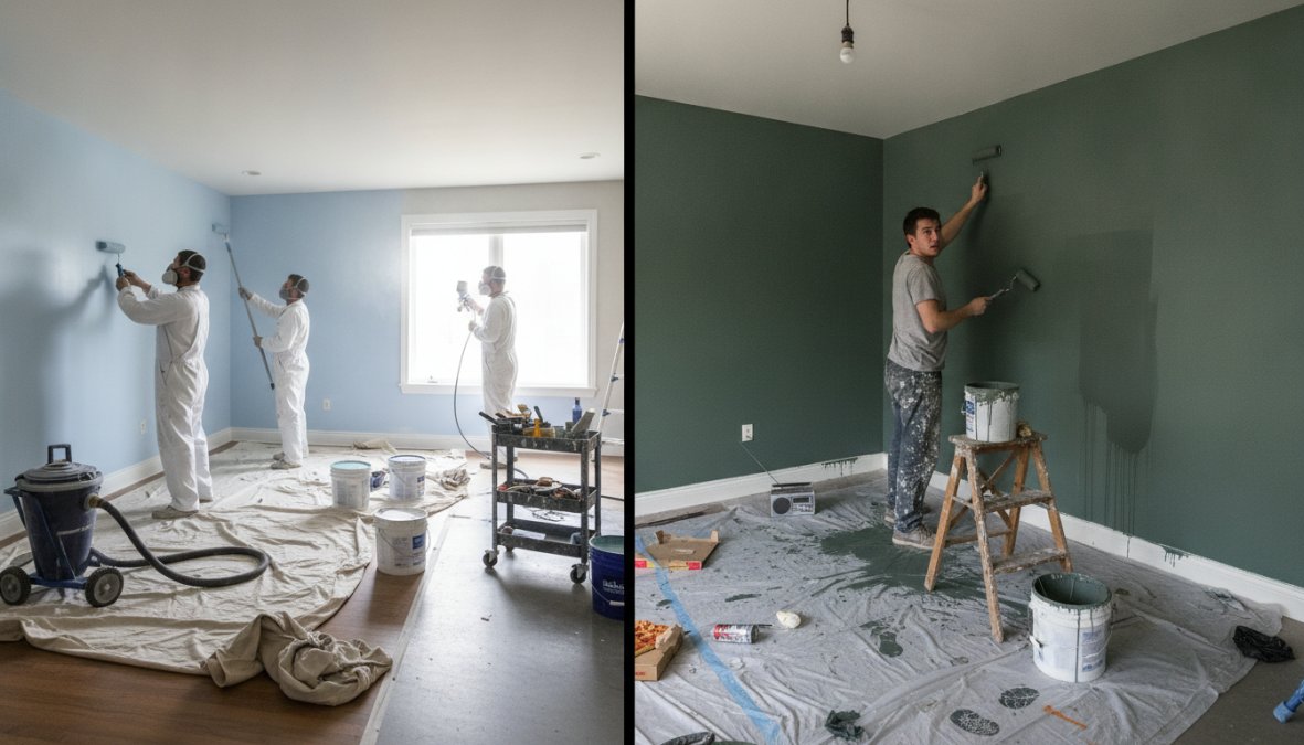 A homeowner in casual clothes carefully rolling paint on a living room wall beside an open paint can, while in an adjacent room two professional painters in matching work gear efficiently cut-in trim and roll walls simultaneously, both scenes brightly lit