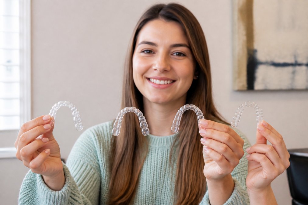 Infographic showing how long does Invisalign take with a month-by-month progression of aligner trays.