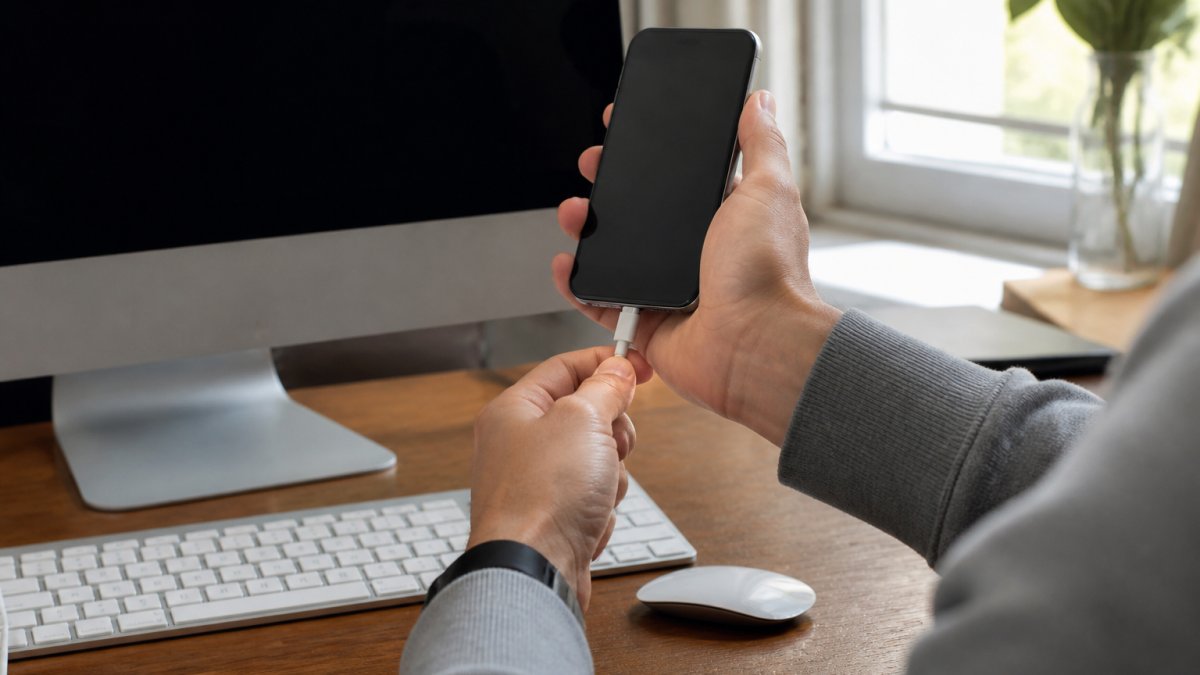 Close-up of hands connecting iPhone to computer with USB cable, iTunes sync screen visible on monitor in home office setting with natural window light