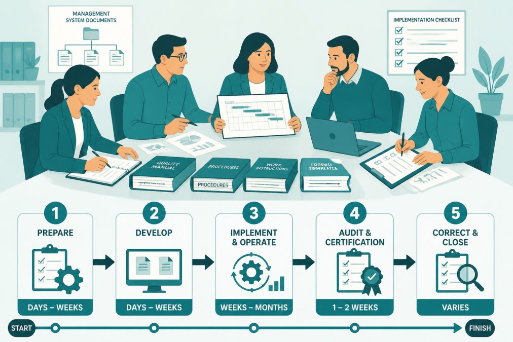 Flowchart of steps to shorten how long does ISO 9001 certification take through team collaboration