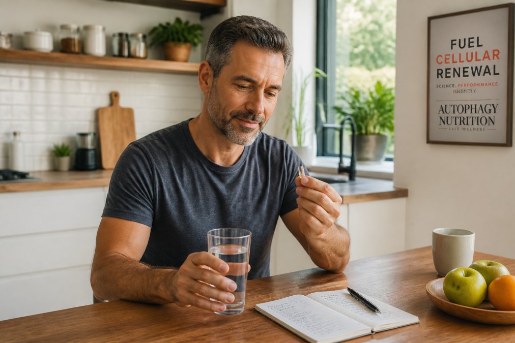 Infographic showing a person tracking a daily supplement routine with a notebook and a glass of water